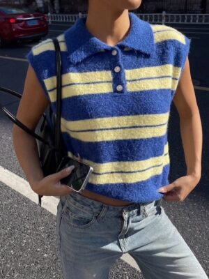 Knit Polo Top Blue Yellow Stripe